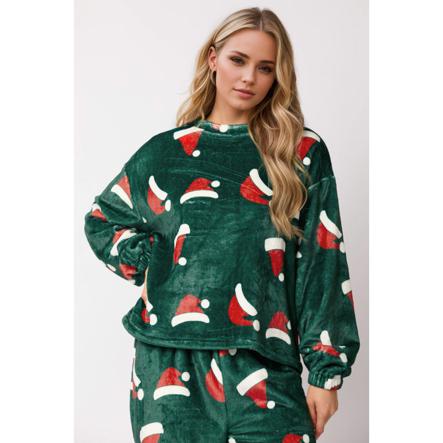 Christmas Hat Pattern Round Neck Long Sleeve Top and Pants Set Apparel and Accessories