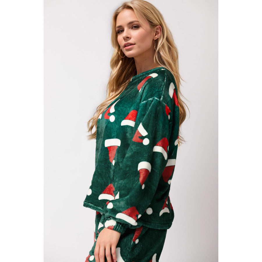 Christmas Hat Pattern Round Neck Long Sleeve Top and Pants Set Apparel and Accessories