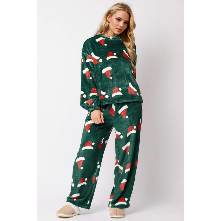 Christmas Hat Pattern Round Neck Long Sleeve Top and Pants Set Apparel and Accessories