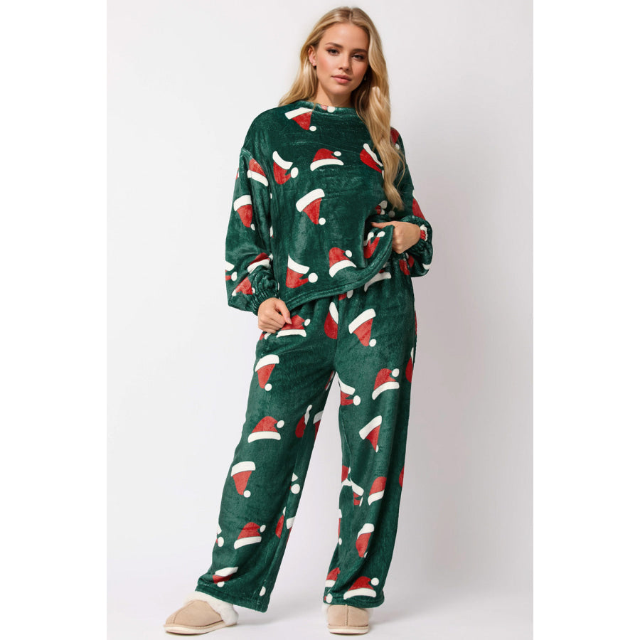 Christmas Hat Pattern Round Neck Long Sleeve Top and Pants Set Dark Green / S Apparel and Accessories