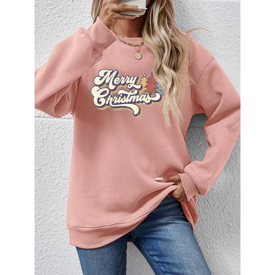 Christmas Letter Graphic Round Neck Sweatshirt Blush Pink / S