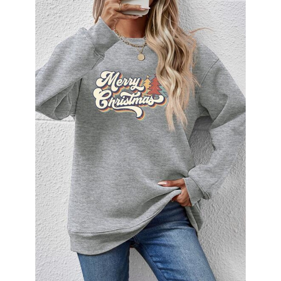 Christmas Letter Graphic Round Neck Sweatshirt Charcoal / S