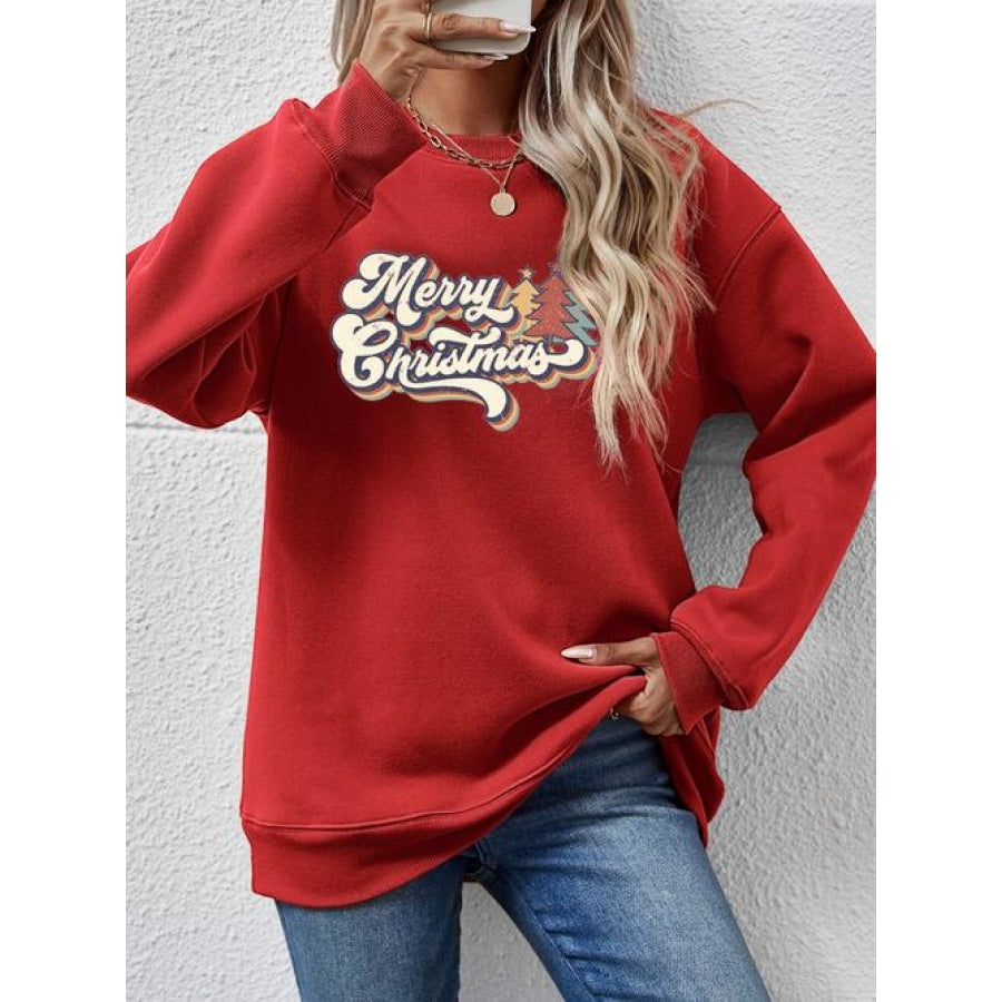 Christmas Letter Graphic Round Neck Sweatshirt Deep Red / S