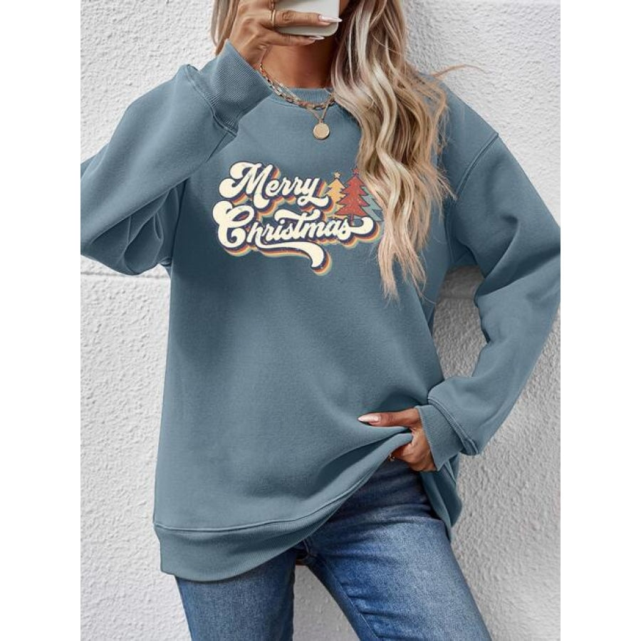 Christmas Letter Graphic Round Neck Sweatshirt French Blue / S