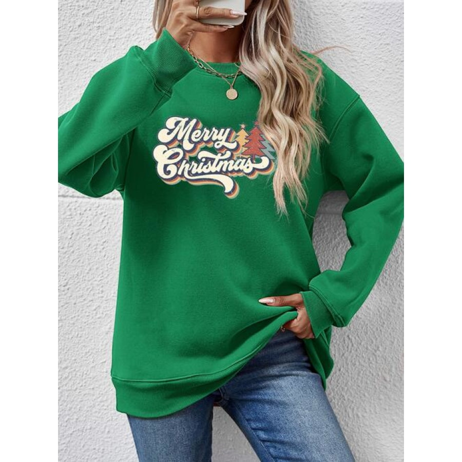 Christmas Letter Graphic Round Neck Sweatshirt Green / S