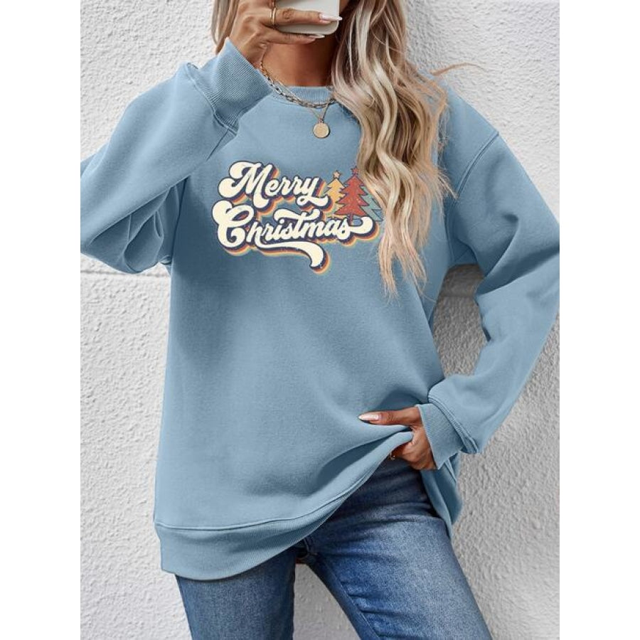 Christmas Letter Graphic Round Neck Sweatshirt Misty Blue / S