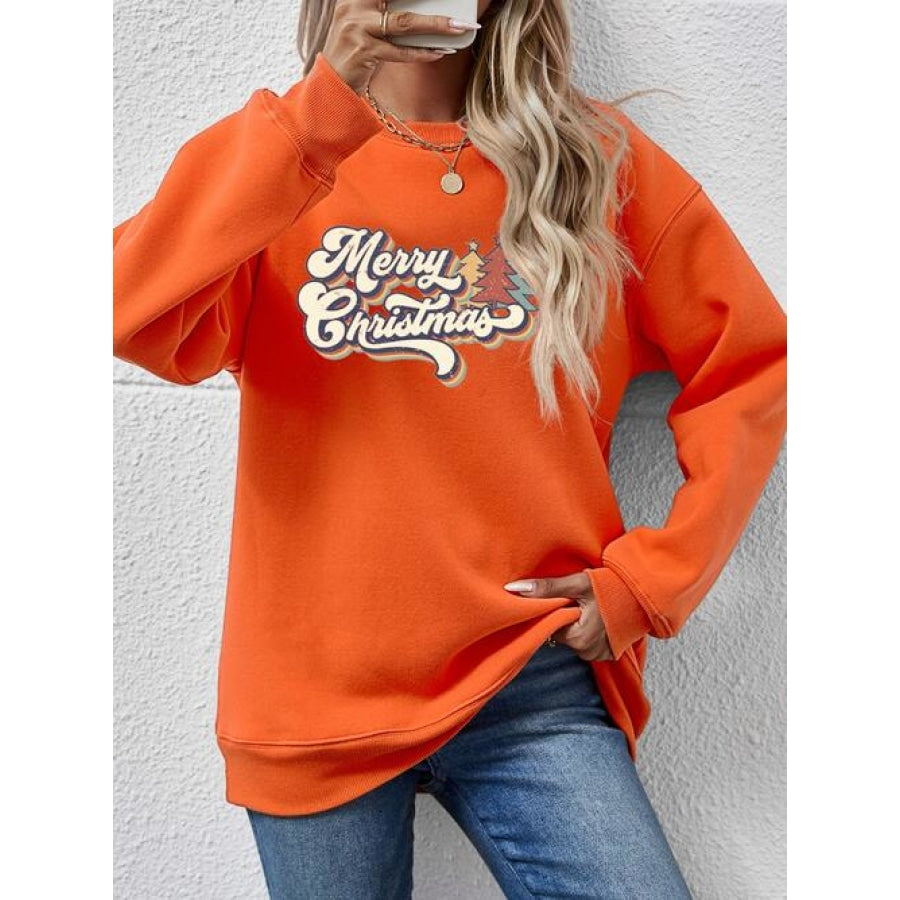 Christmas Letter Graphic Round Neck Sweatshirt Pumpkin / S