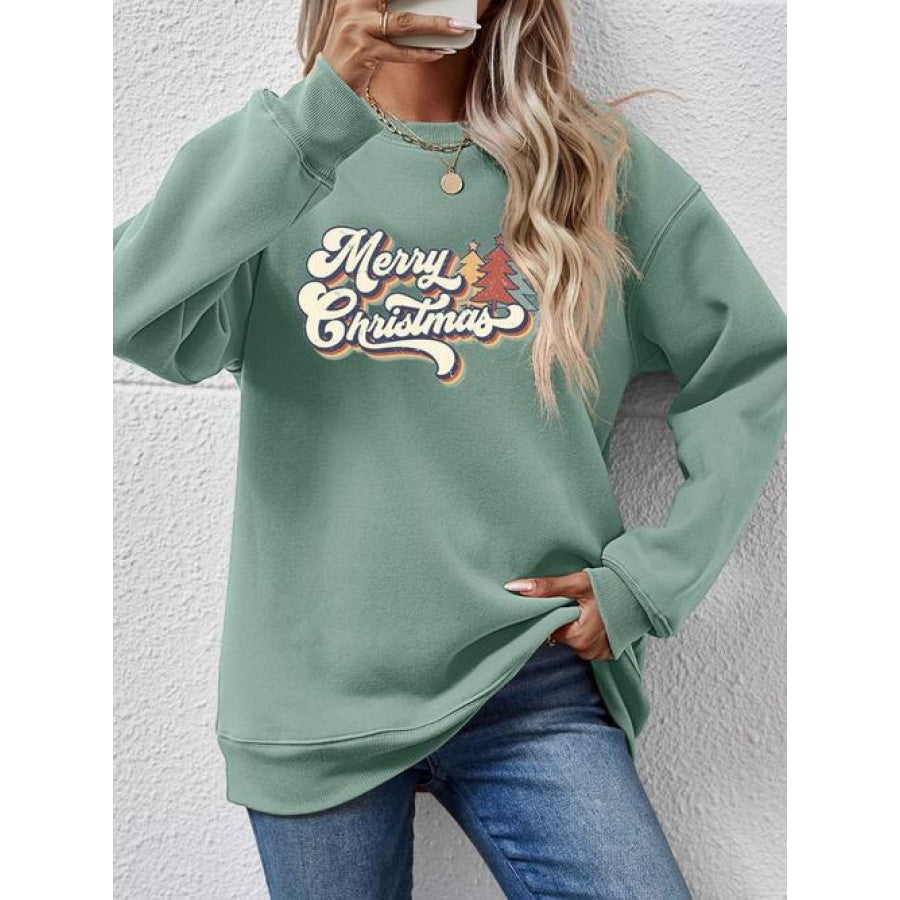 Christmas Letter Graphic Round Neck Sweatshirt Sage / S