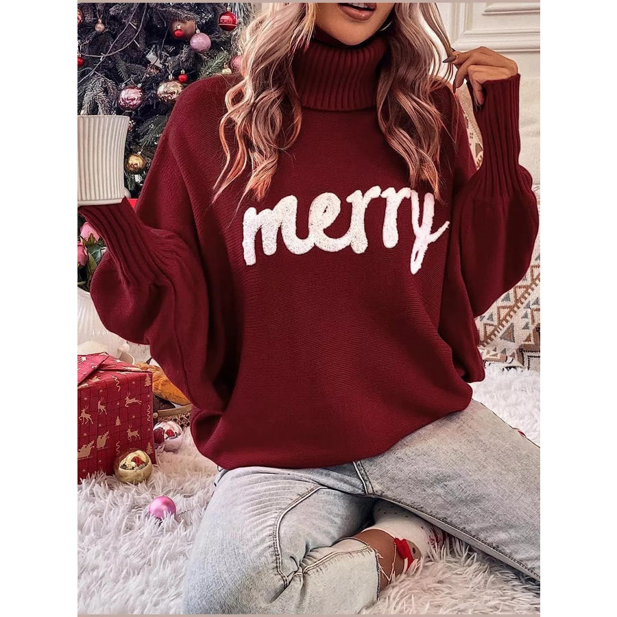 Christmas Letter Turtleneck Sweater Burgundy / S Apparel and Accessories