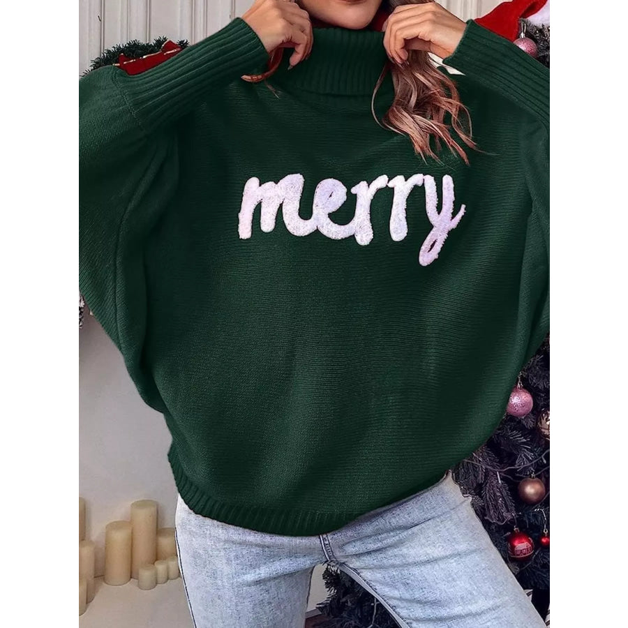 Christmas Letter Turtleneck Sweater Dark Green / S Apparel and Accessories