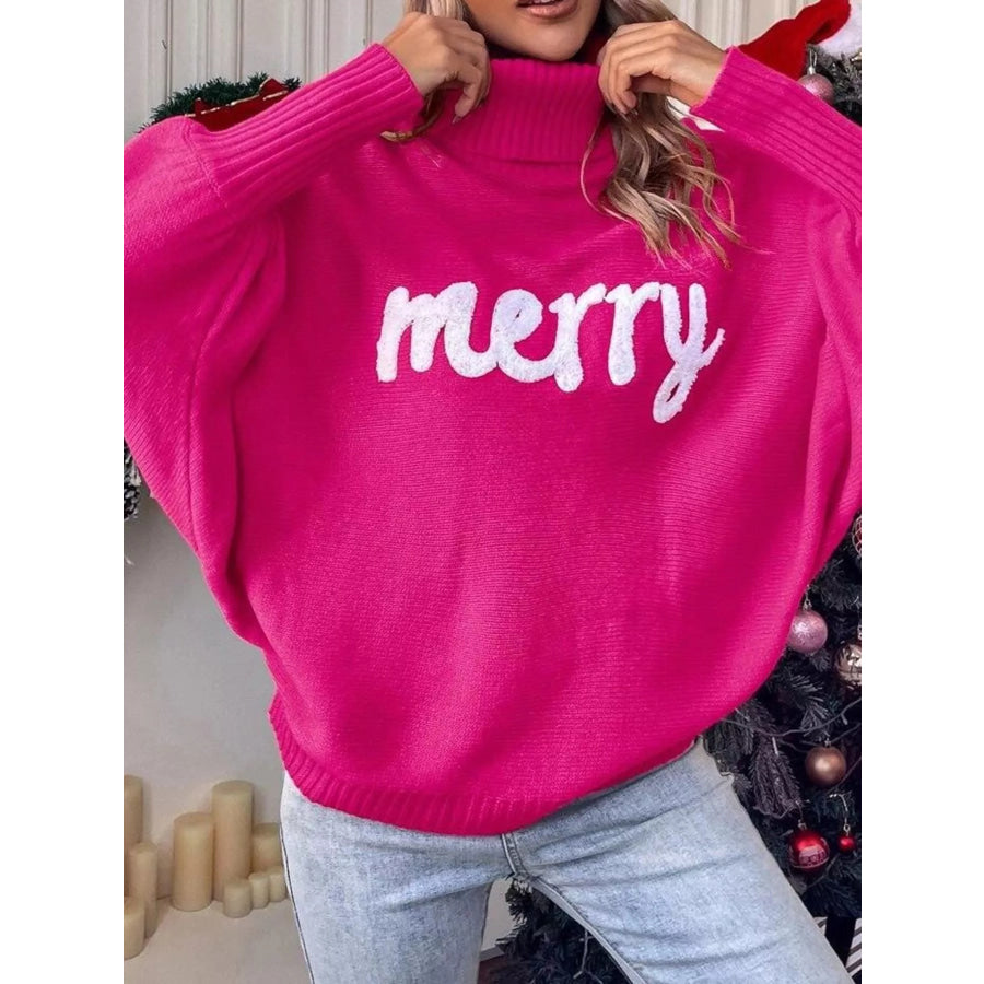 Christmas Letter Turtleneck Sweater Hot Pink / S Apparel and Accessories