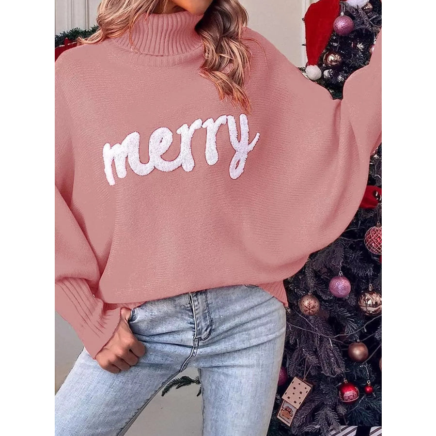 Christmas Letter Turtleneck Sweater Pink / S Apparel and Accessories