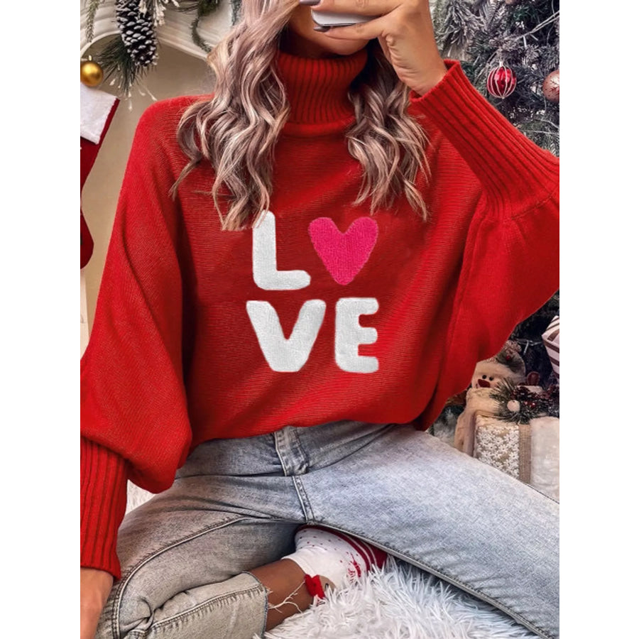 Christmas Letter Turtleneck Sweater Red-LOVE / S Apparel and Accessories