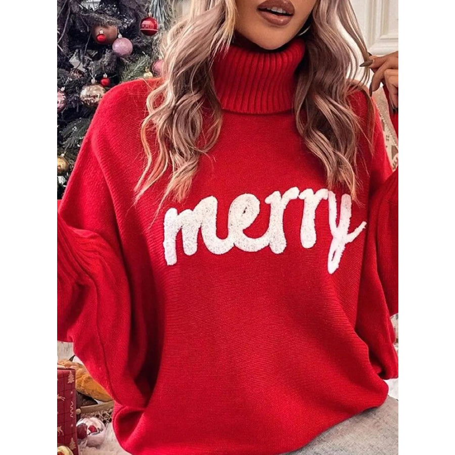 Christmas Letter Turtleneck Sweater Red / S Apparel and Accessories