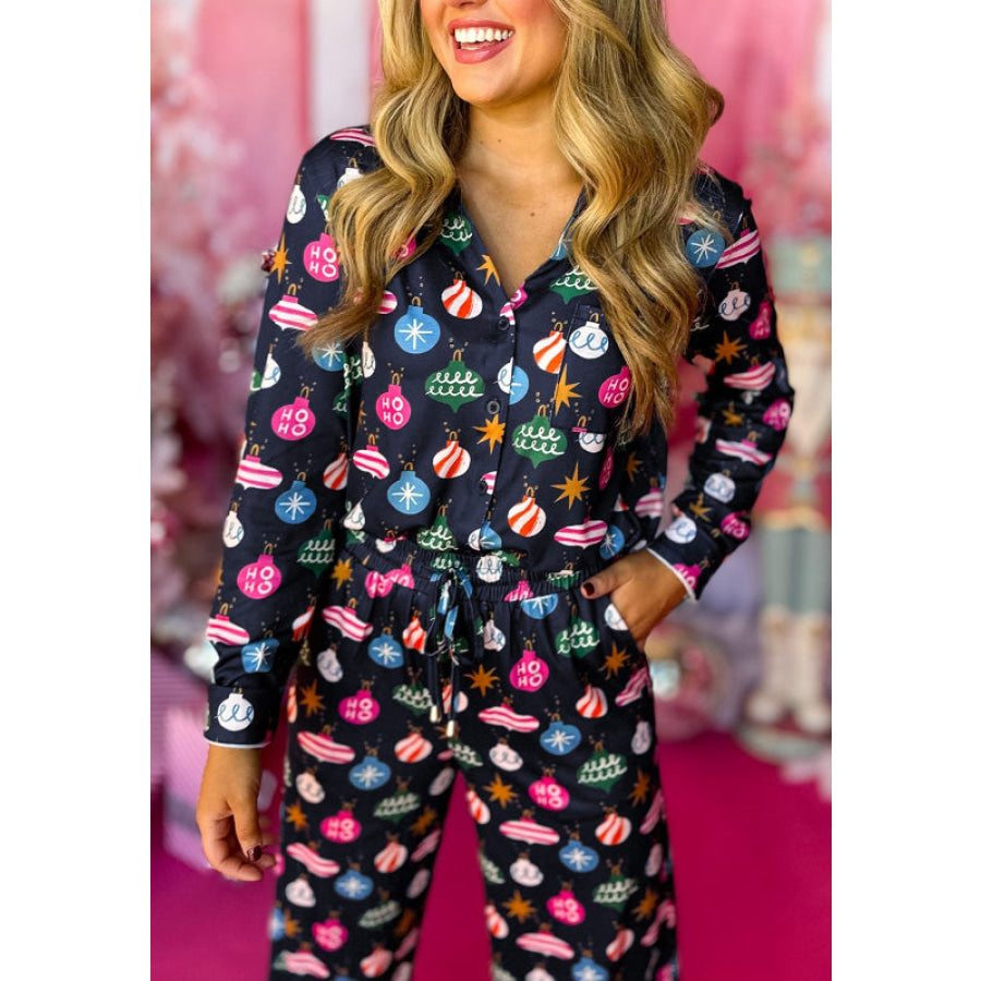 Christmas Lights Print Collared Neck Top and Pants Set Apparel and Accessories