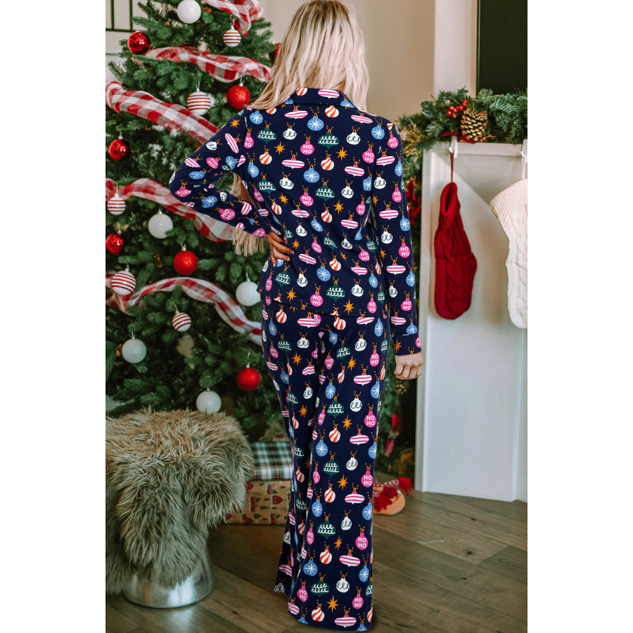 Christmas Lights Print Collared Neck Top and Pants Set Apparel and Accessories