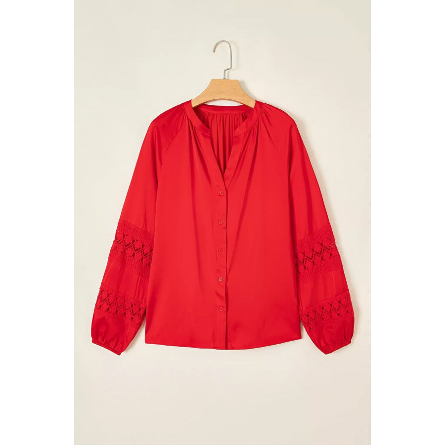 Christmas Patchwork Lace Long Sleeve V Neck Button Front Shirt Apparel and Accessories