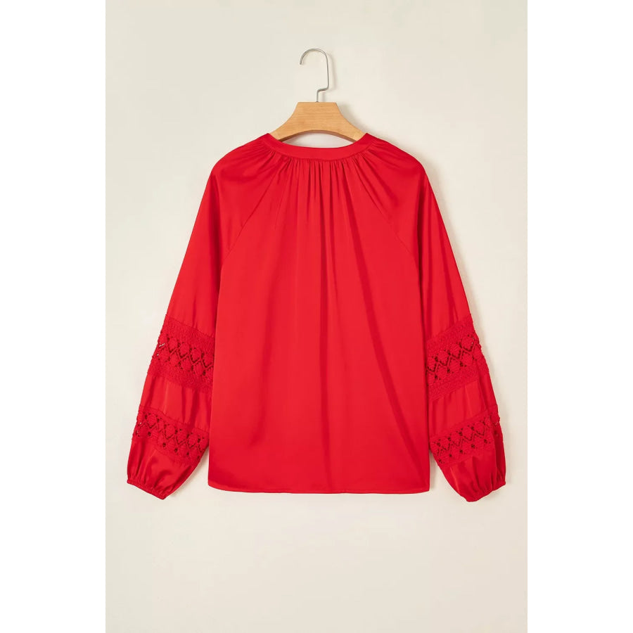 Christmas Patchwork Lace Long Sleeve V Neck Button Front Shirt Apparel and Accessories