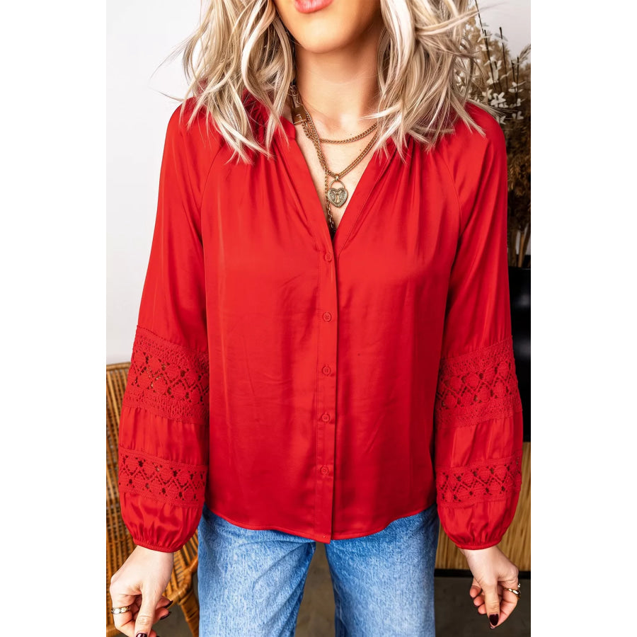 Christmas Patchwork Lace Long Sleeve V Neck Button Front Shirt Apparel and Accessories
