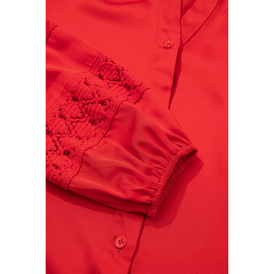 Christmas Patchwork Lace Long Sleeve V Neck Button Front Shirt Apparel and Accessories
