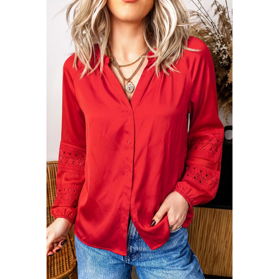 Christmas Patchwork Lace Long Sleeve V Neck Button Front Shirt Scarlet / S Apparel and Accessories