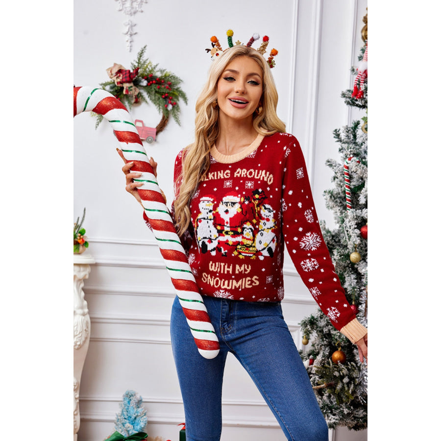 Christmas Pattern Round Neck Long Sleeve Sweater Apparel and Accessories