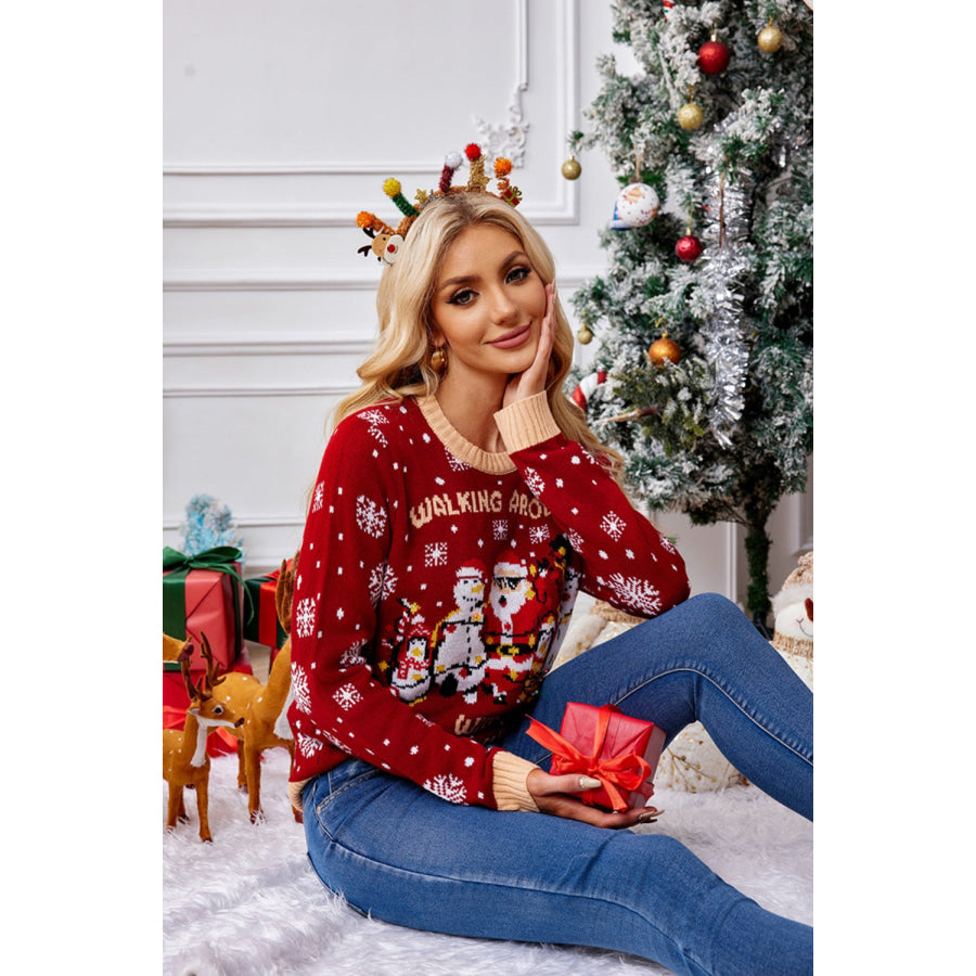 Christmas Pattern Round Neck Long Sleeve Sweater Apparel and Accessories