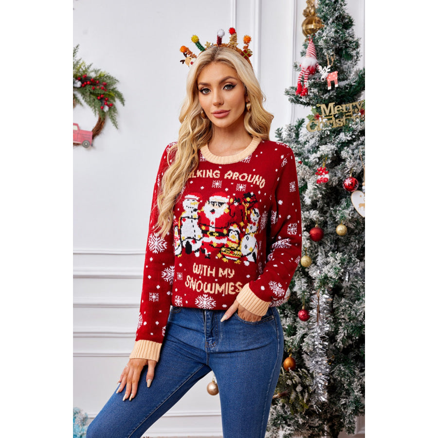 Christmas Pattern Round Neck Long Sleeve Sweater Apparel and Accessories