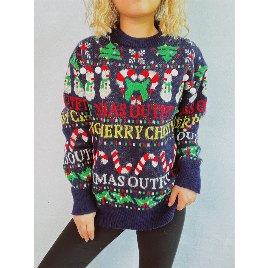 Christmas Pattern Round Neck Long Sleeve Sweater Dark Blue / S Apparel and Accessories