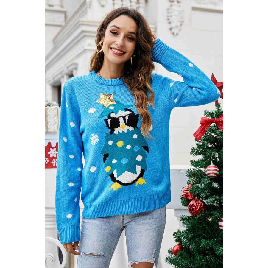 Christmas Penguin Graphic Sequin Sweater Blue / S