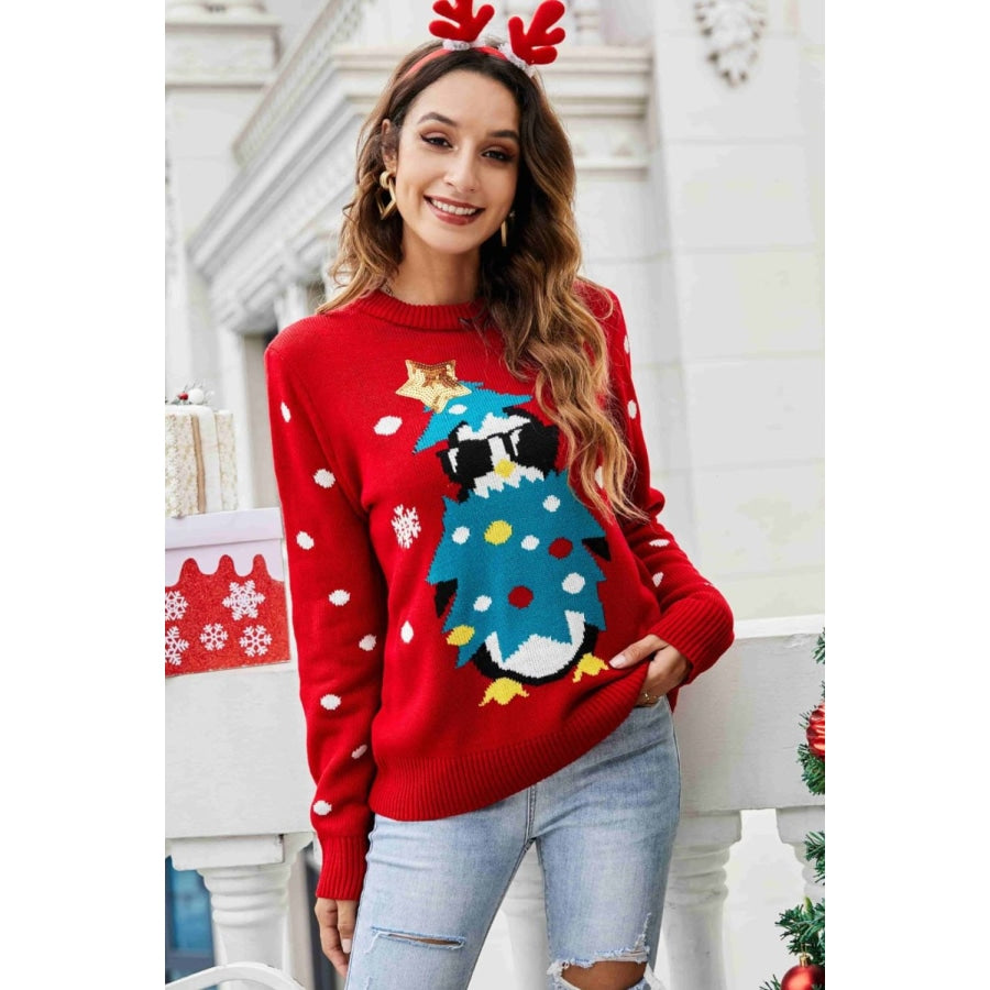 Christmas Penguin Graphic Sequin Sweater