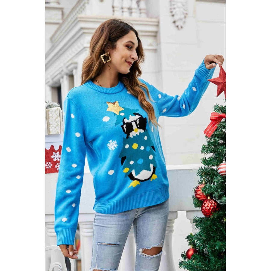 Christmas Penguin Graphic Sequin Sweater