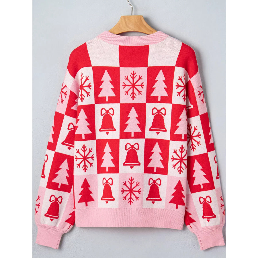 Christmas Plaid Pullover Round Neck Long Sleeve Casual Fit Tunic Knitwear Sweater Apparel and Accessories