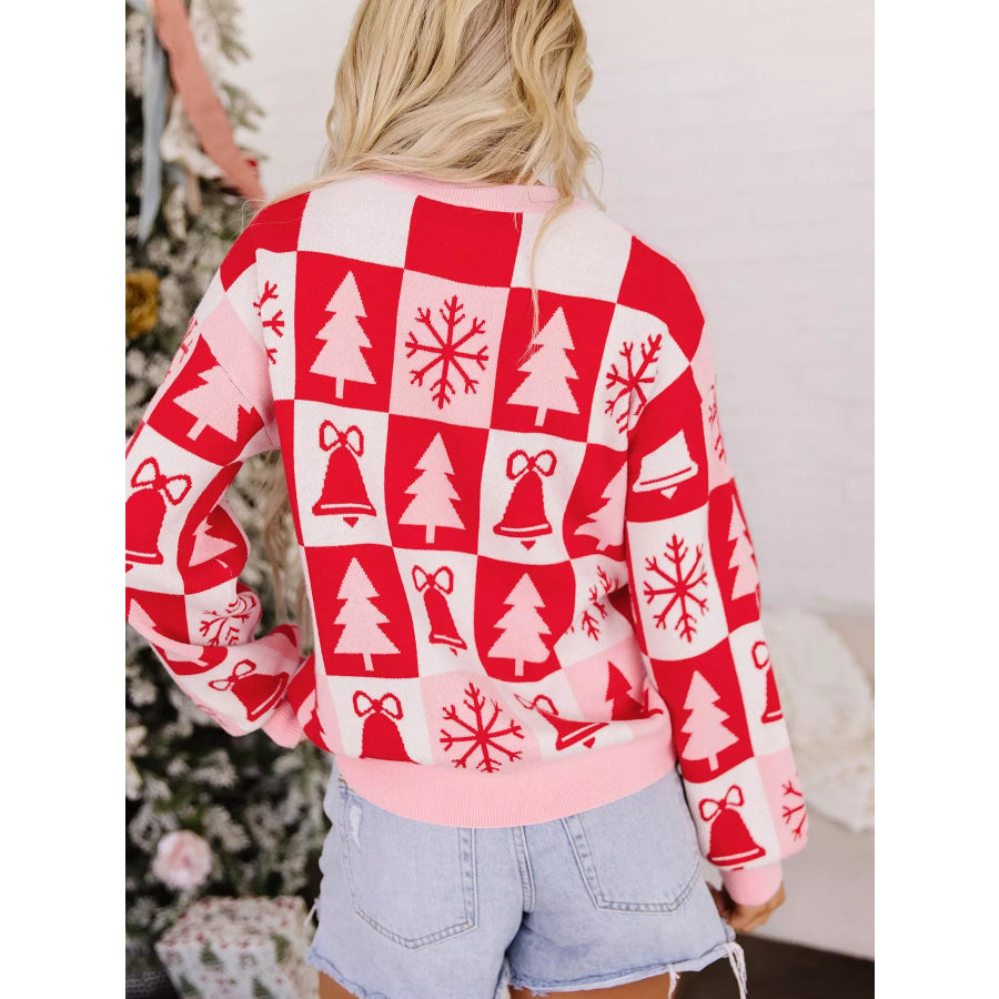 Christmas Plaid Pullover Round Neck Long Sleeve Casual Fit Tunic Knitwear Sweater Apparel and Accessories