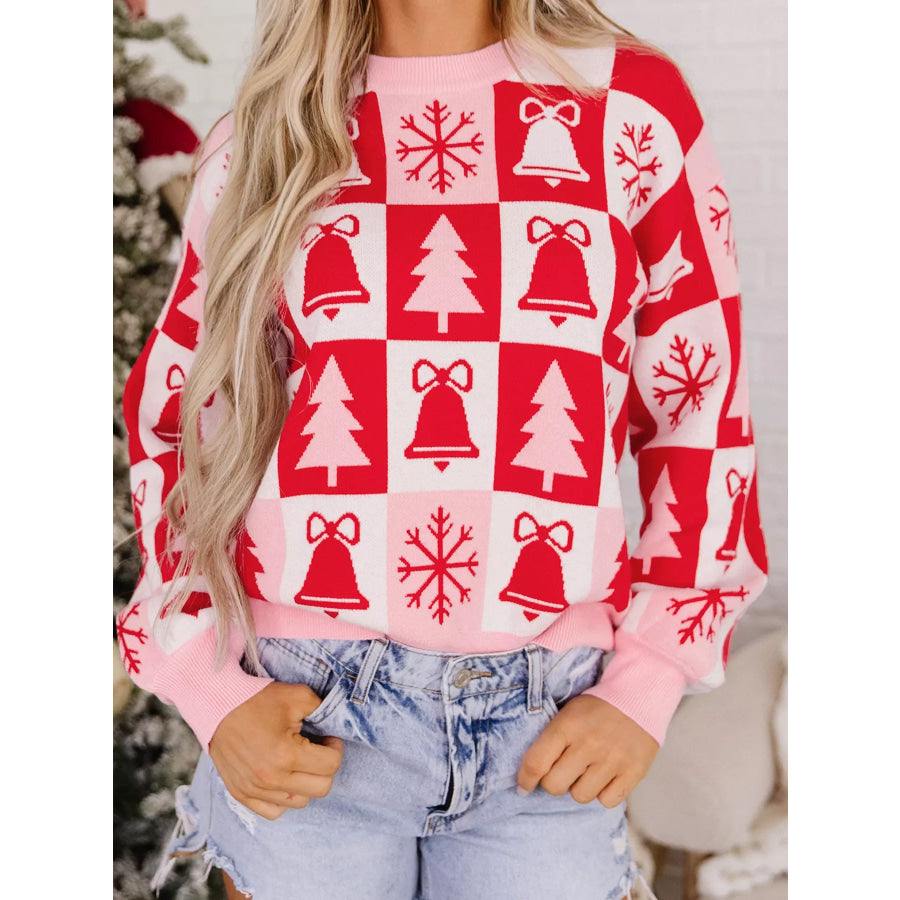 Christmas Plaid Pullover Round Neck Long Sleeve Casual Fit Tunic Knitwear Sweater Apparel and Accessories