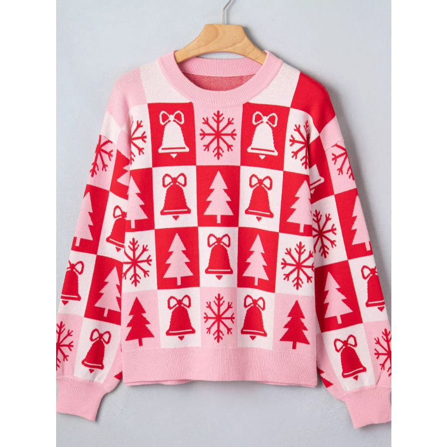 Christmas Plaid Pullover Round Neck Long Sleeve Casual Fit Tunic Knitwear Sweater Apparel and Accessories