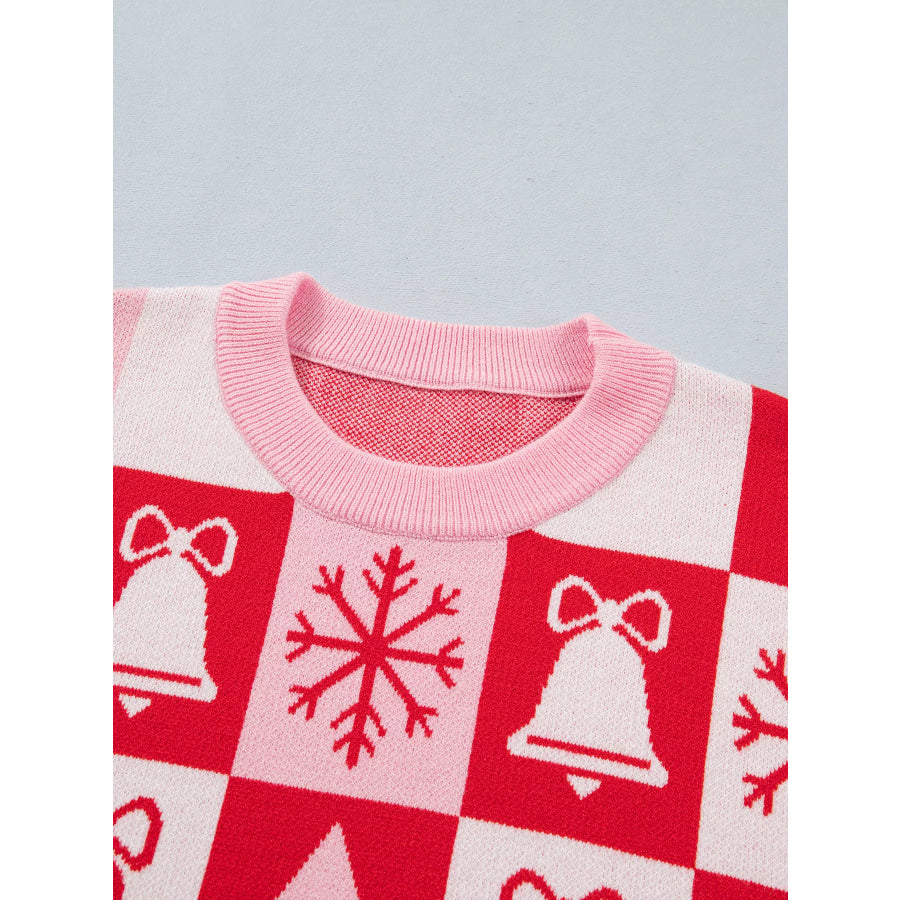 Christmas Plaid Pullover Round Neck Long Sleeve Casual Fit Tunic Knitwear Sweater Apparel and Accessories
