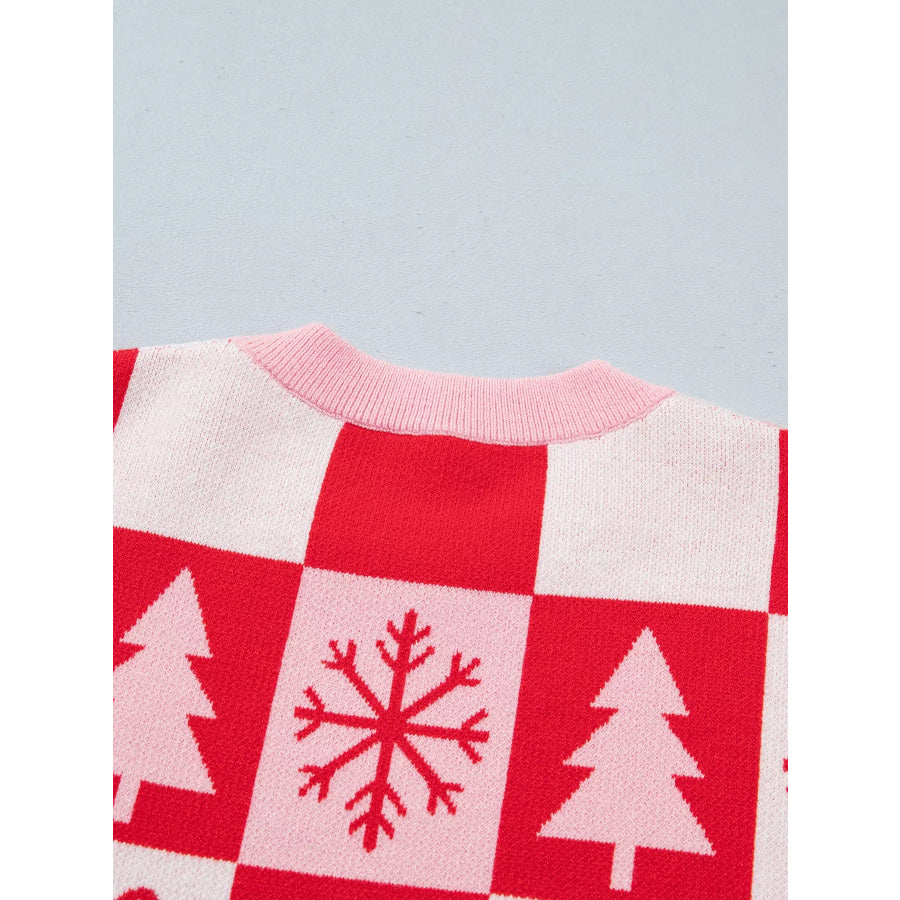 Christmas Plaid Pullover Round Neck Long Sleeve Casual Fit Tunic Knitwear Sweater Apparel and Accessories