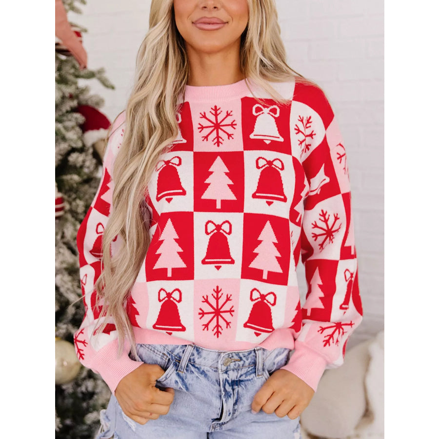 Christmas Plaid Pullover Round Neck Long Sleeve Casual Fit Tunic Knitwear Sweater Apparel and Accessories