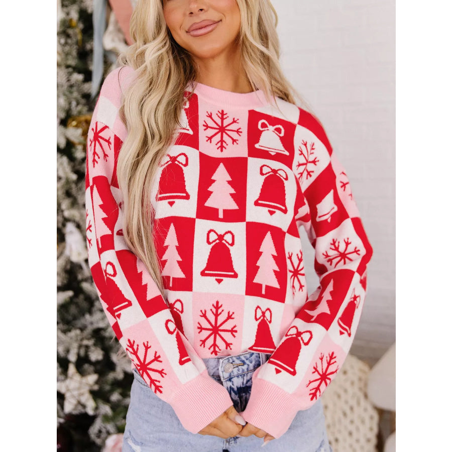Christmas Plaid Pullover Round Neck Long Sleeve Casual Fit Tunic Knitwear Sweater Red / S Apparel and Accessories