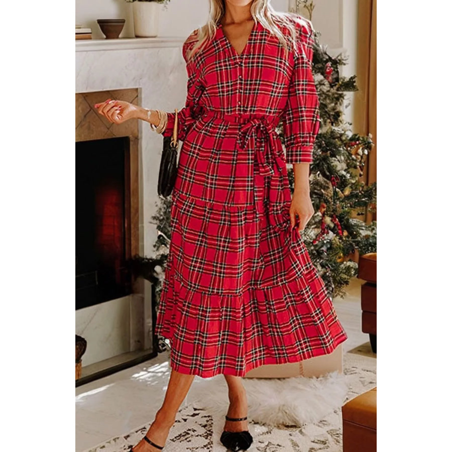 Christmas Plaid V Neck 3/4 Sleeve Tie Waist Ruffle Hem Midi Dress Apparel and Accessories