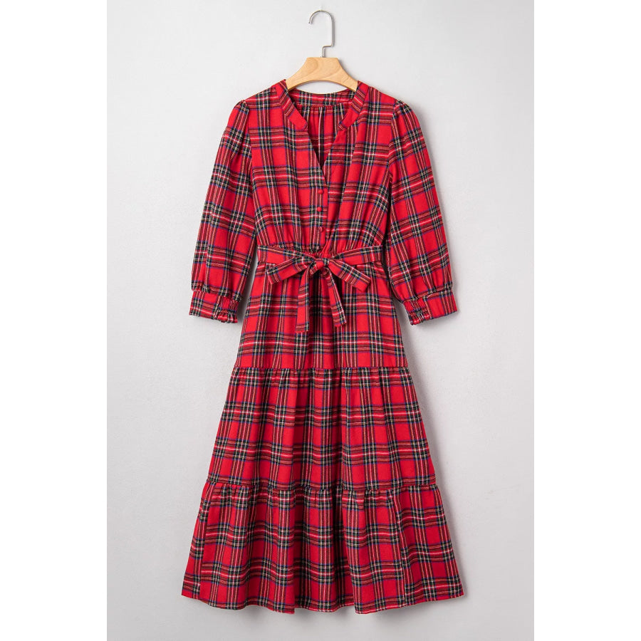 Christmas Plaid V Neck 3/4 Sleeve Tie Waist Ruffle Hem Midi Dress Apparel and Accessories