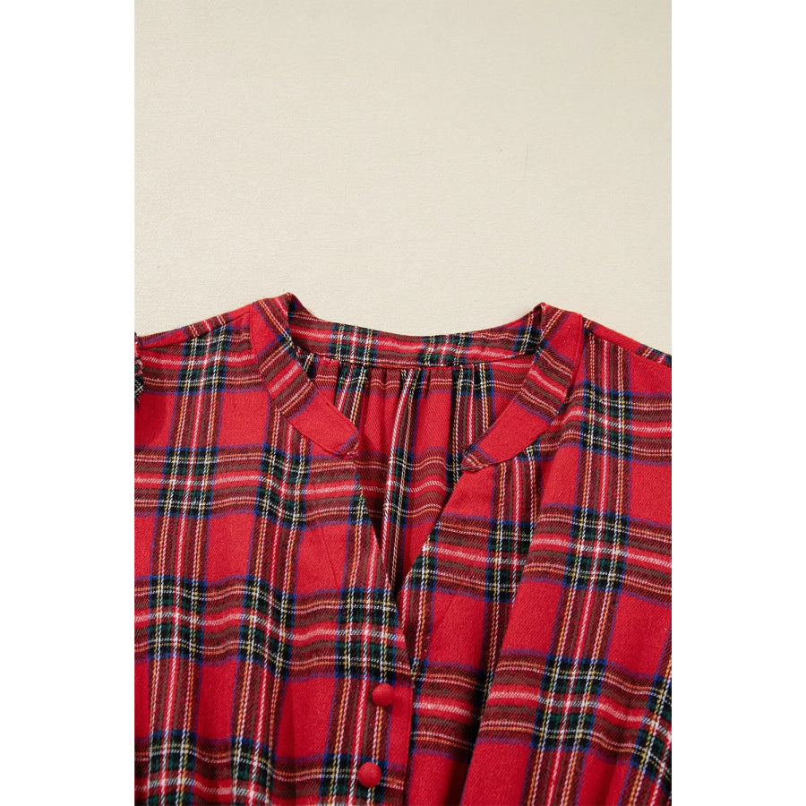 Christmas Plaid V Neck 3/4 Sleeve Tie Waist Ruffle Hem Midi Dress Apparel and Accessories