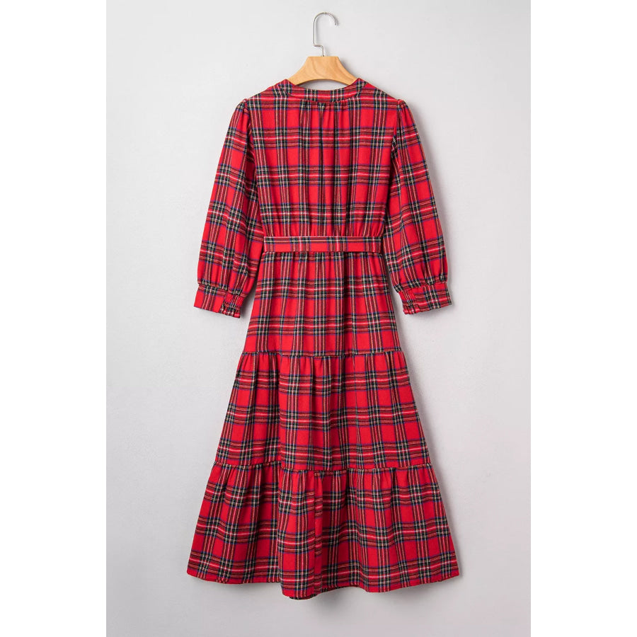 Christmas Plaid V Neck 3/4 Sleeve Tie Waist Ruffle Hem Midi Dress Apparel and Accessories