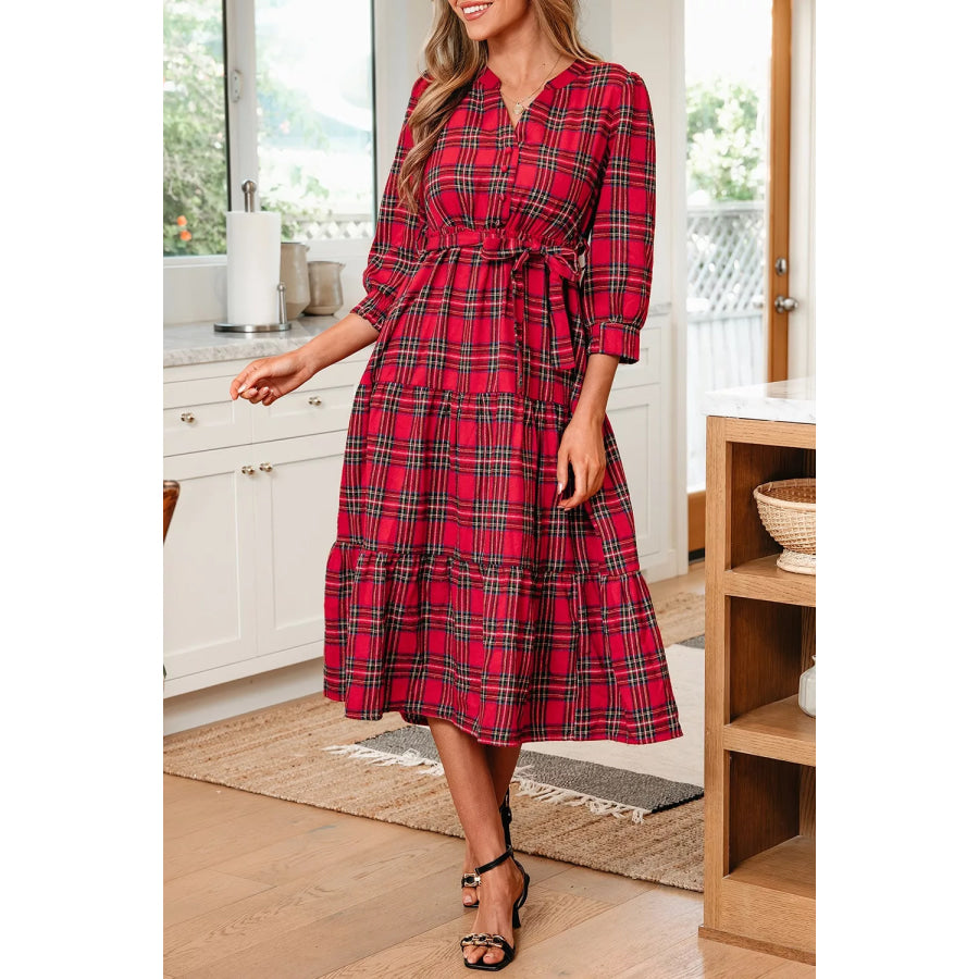 Christmas Plaid V Neck 3/4 Sleeve Tie Waist Ruffle Hem Midi Dress Apparel and Accessories