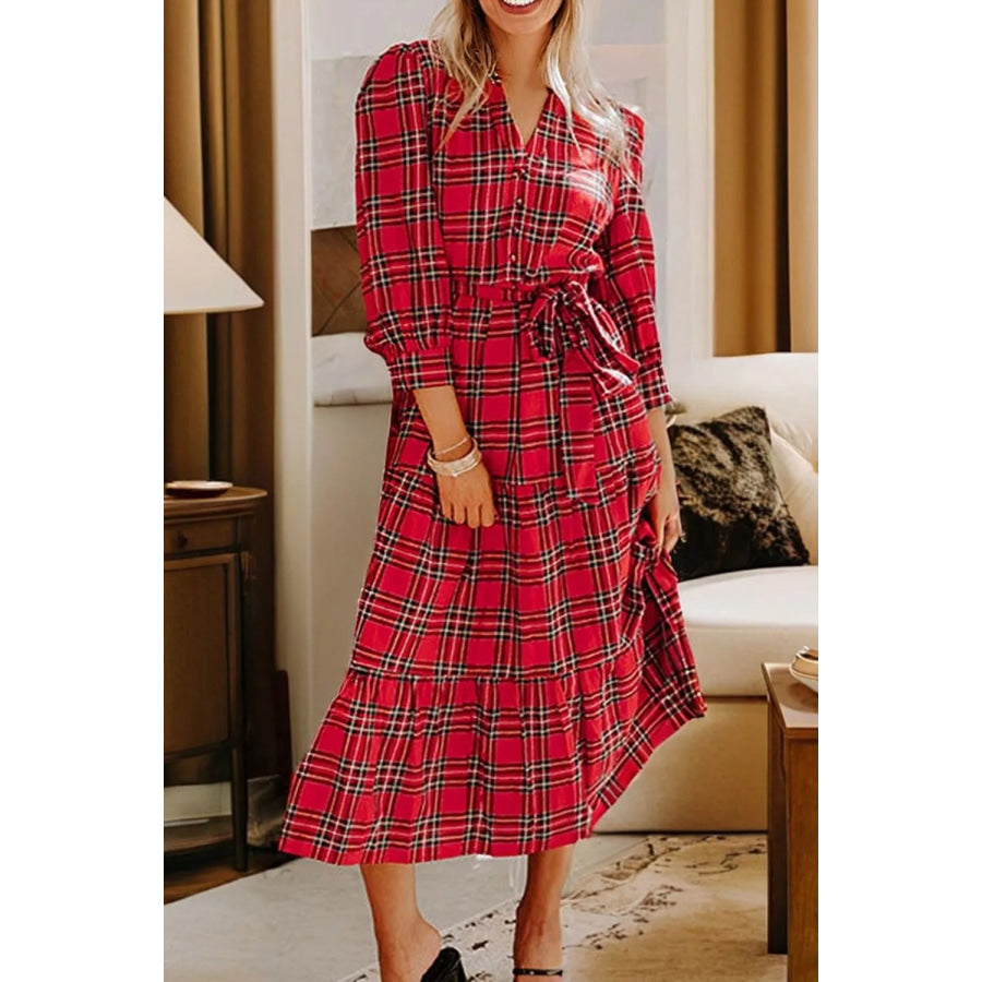 Christmas Plaid V Neck 3/4 Sleeve Tie Waist Ruffle Hem Midi Dress Apparel and Accessories