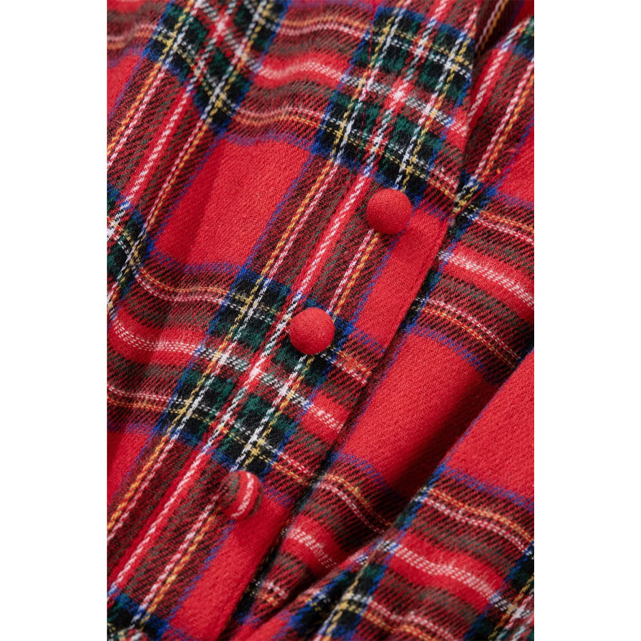 Christmas Plaid V Neck 3/4 Sleeve Tie Waist Ruffle Hem Midi Dress Apparel and Accessories