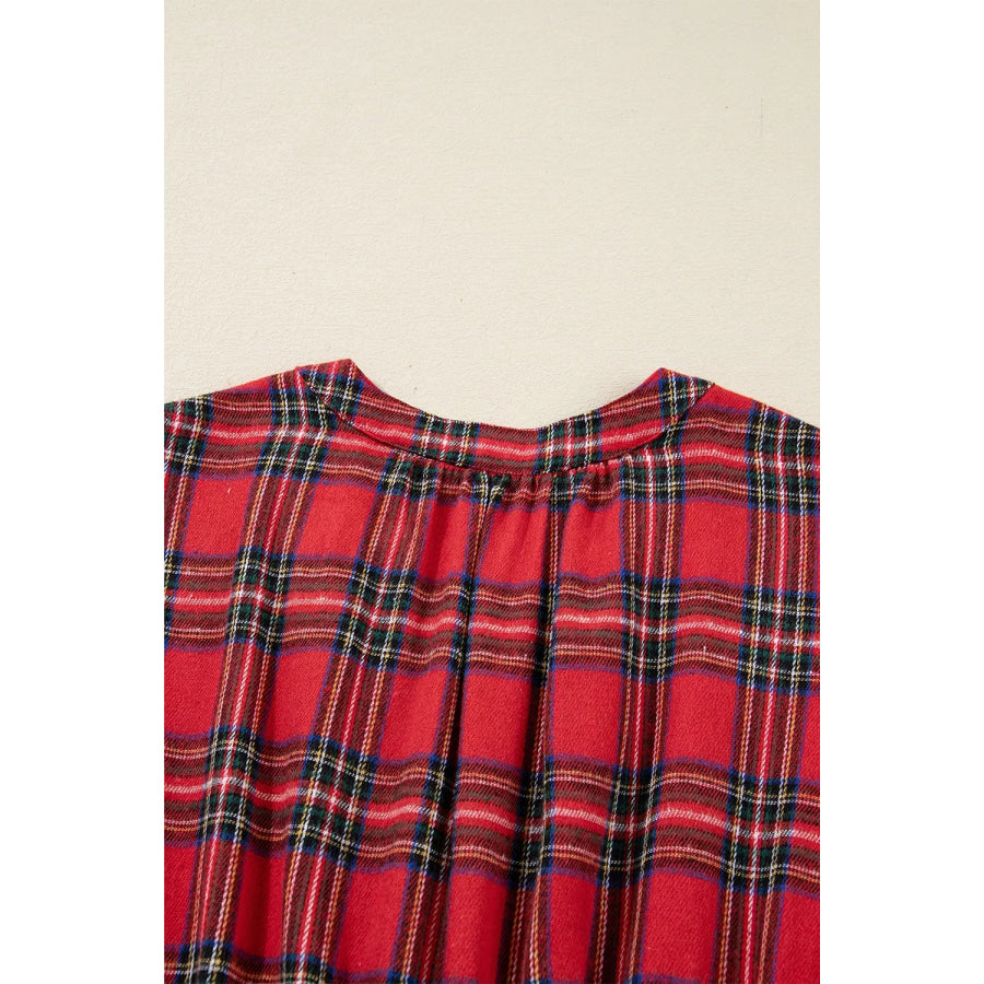 Christmas Plaid V Neck 3/4 Sleeve Tie Waist Ruffle Hem Midi Dress Apparel and Accessories