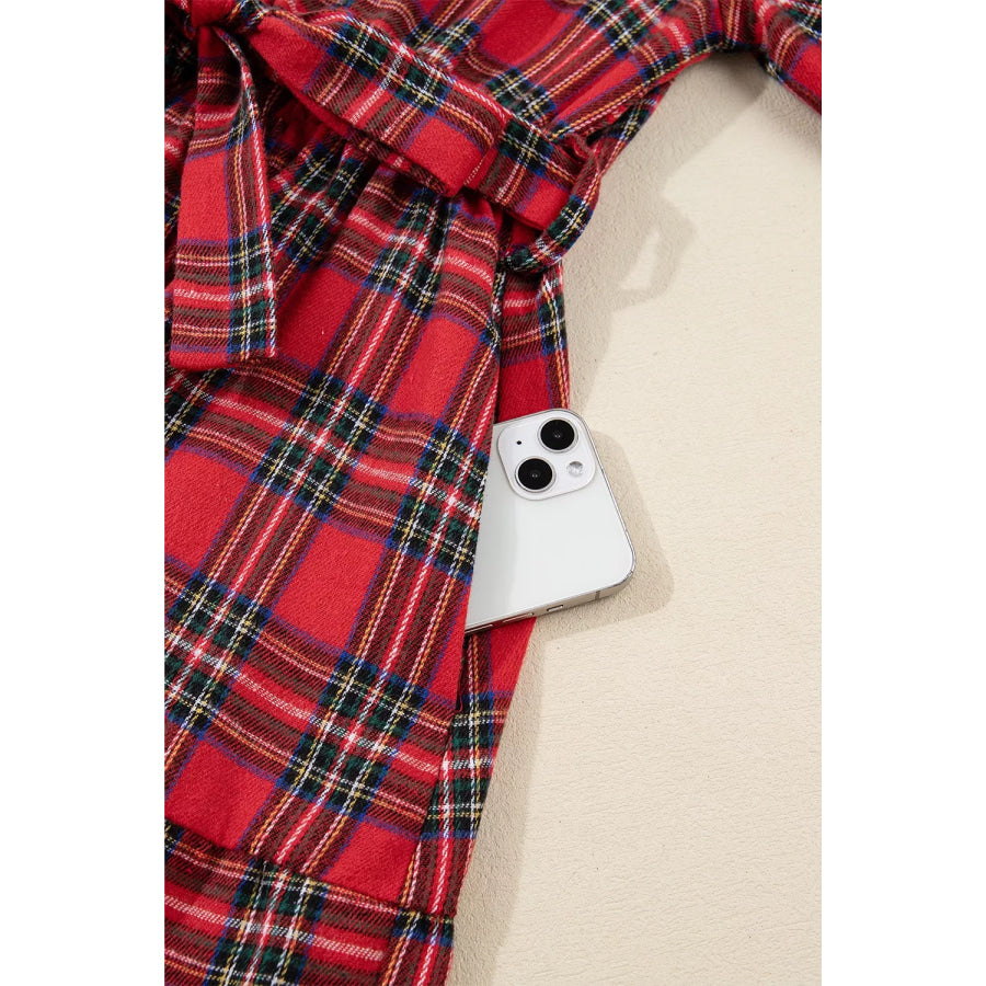 Christmas Plaid V Neck 3/4 Sleeve Tie Waist Ruffle Hem Midi Dress Apparel and Accessories