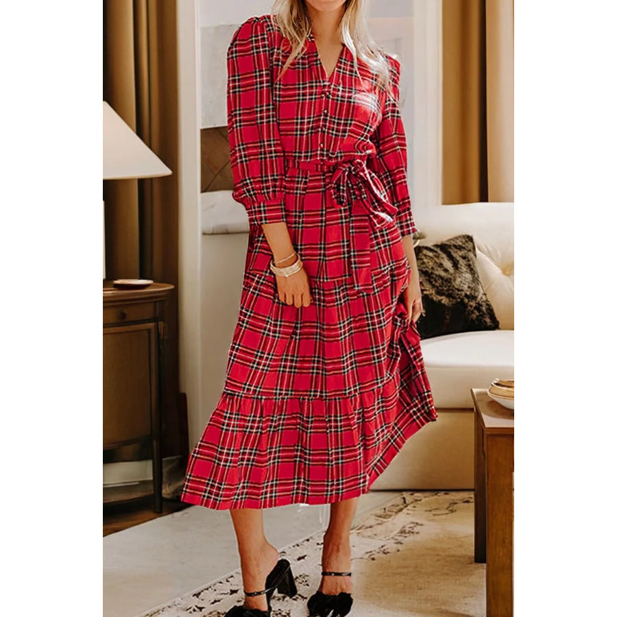 Christmas Plaid V Neck 3/4 Sleeve Tie Waist Ruffle Hem Midi Dress Apparel and Accessories